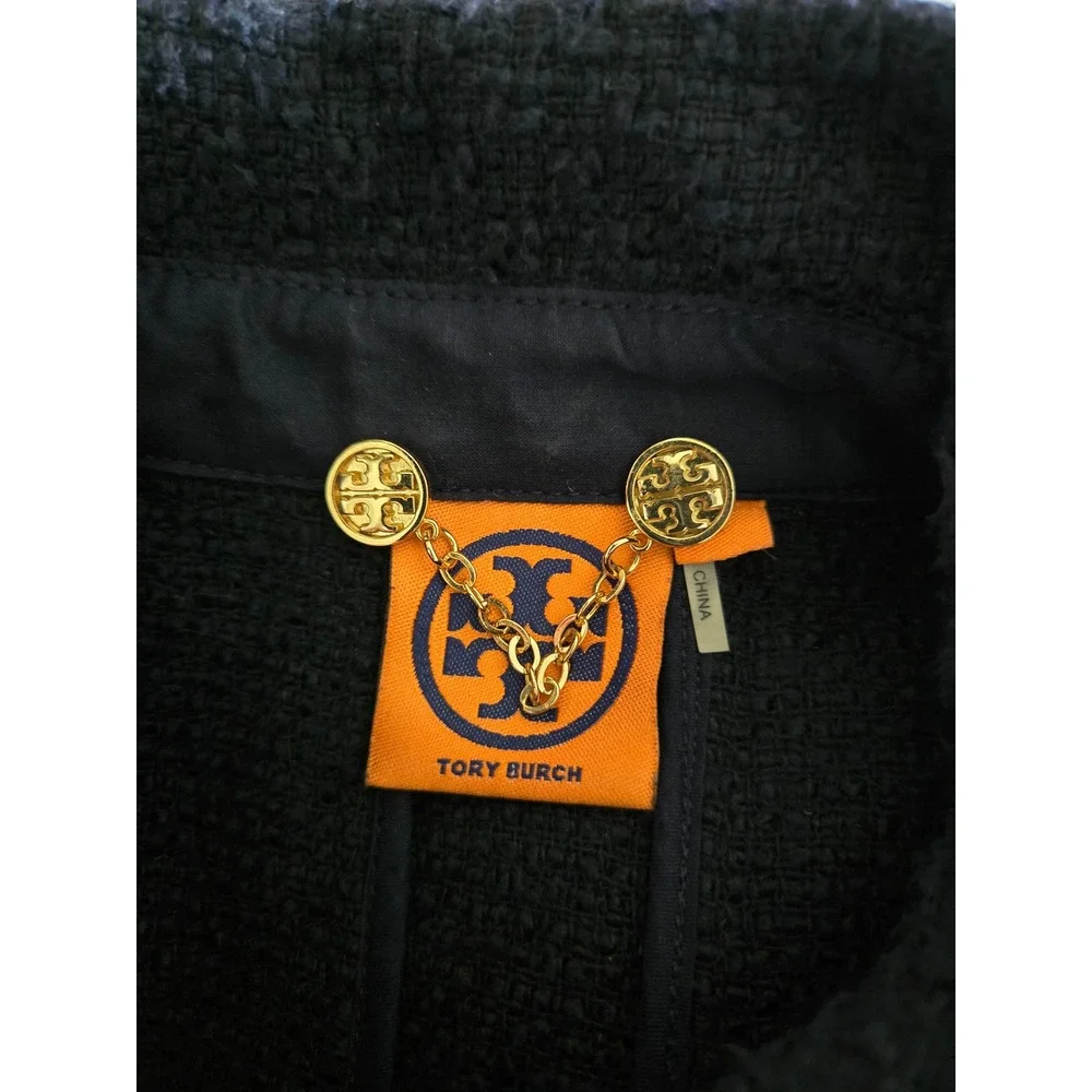 Tory Burch Navy Blue Tweed Lace Trim Jacket Gold Buttons 8  Womens Boucle Blazer - Picture 5 of 13